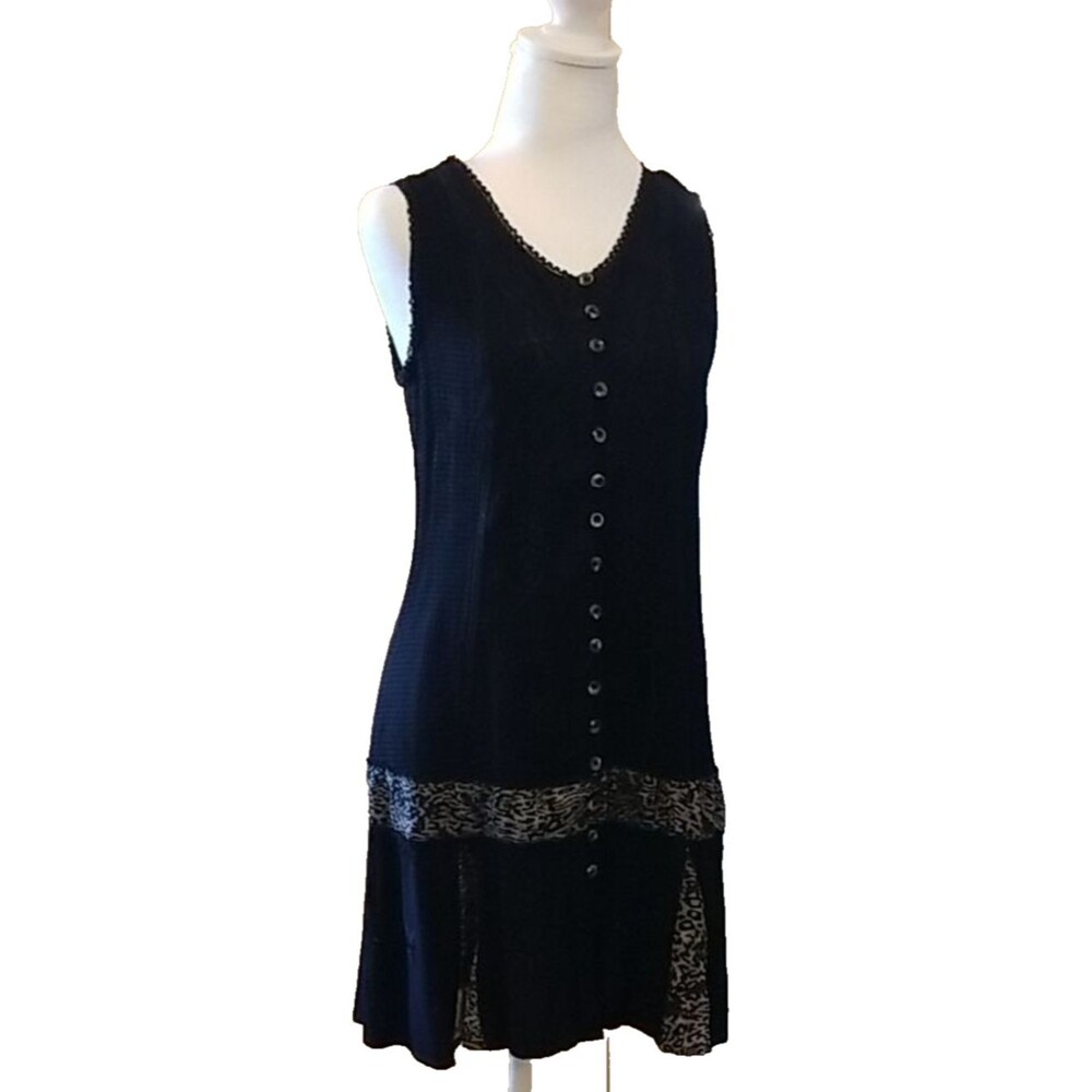Raya Sun Black Sleeveless Button Down Dress M Medium Lace Trim Boho Lagenlook